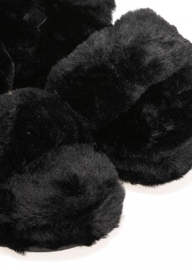 Παντόφλες μαύρες γούνινες με λουράκια και λάστιχο ΜΑΥΡΟ