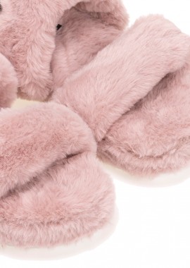 Παντόφλες ροζ γούνινες με λουράκια και λάστιχο ΡΟΖ