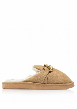 Παντόφλες πούρο σουέτ με χρυσή αλυσίδα και γουνάκι ΠΟΥΡΟ