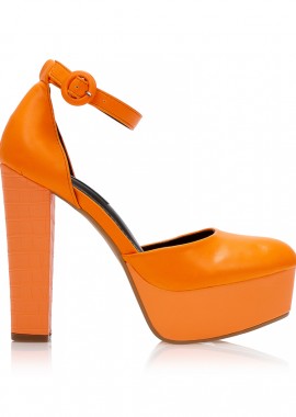 Γόβες πορτοκαλί δερματίνη με animal print λεπτομέρειες και λουράκι στον αστράγαλο ΠΟΡΤΟΚΑΛΙ