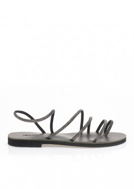 Σανδάλια χειροποίητα ανθρακί δερματίνη με λουράκια και σχέδιο δαχτυλίδι από στρας ΑΤΣΑΛΙ