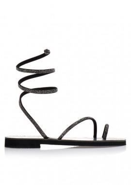 Σανδάλια χειροποίητα ανθρακί δερματίνη με σχέδιο δαχτυλίδι και λουράκια από στρας ΑΤΣΑΛΙ