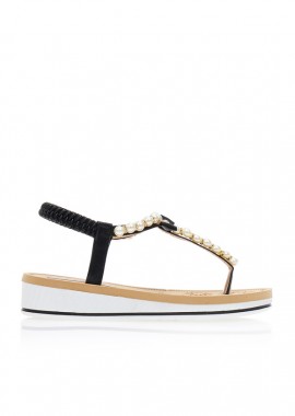 Σανδάλια μαύρα δερματίνη με πέρλες και στρας ΜΑΥΡΟ