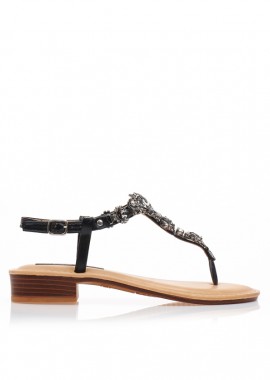 Σανδάλια μαύρα δερματίνη με στρας και λουράκι στον αστράγαλο ΜΑΥΡΟ