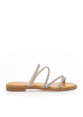 Σανδάλια TSOUKALAS εκρού δερματίνη με πολλαπλά λουράκια από στρας ΕΚΡΟΥ