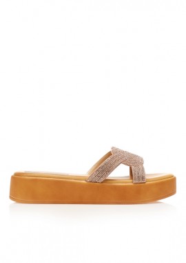 Tsoukalas - Flatforms TSOUKALAS μπρονζέ δερματίνη με πλέξη από στρας ΜΠΡΟΝΖΕ