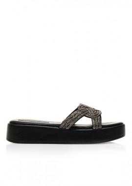 Tsoukalas - Flatforms TSOUKALAS μαύρα δερματίνη με πλέξη από στρας ΜΑΥΡΟ