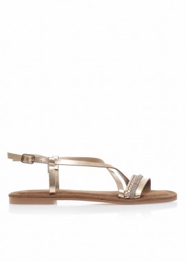 Σανδάλια TSOUKALAS μπρονζέ δερματίνη με σχέδιο πλεξούδα και στρας ΜΠΡΟΝΖΕ