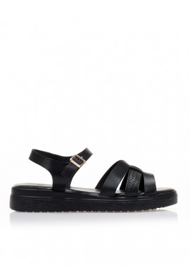 Flatforms TSOUKALAS μαύρα δερματίνη με πολλαπλά λουράκια ΜΑΥΡΟ