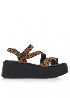 Tsoukalas - Flatforms animal print σουέτ με πολλαπλά λουράκια και σχέδιο δαχτυλίδι ΛΕΟΠΑΡ