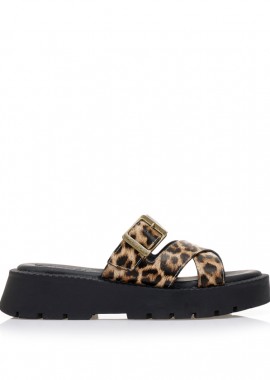 Tsoukalas - Flatforms animal print δερματίνη με χιαστί φάσα ΛΕΟΠΑΡ