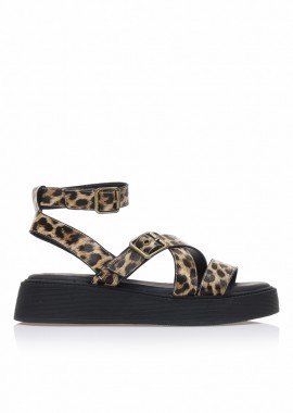 Tsoukalas - Flatforms animal print δερματίνη με χιαστί λουράκια ΛΕΟΠΑΡ