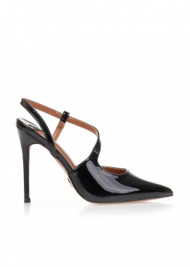 Γόβες mules μαύρες λουστρίνι με λοξό λουράκι ΜΑΥΡΟ