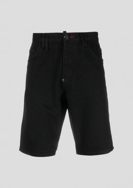 PHILIPP PLEIN - PHILIPP PLEIN Ανδρικό Μαύρο Mid Rise Logo Jean Shorts
