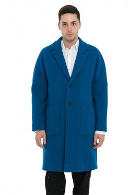 HEVO - HEVO Ανδρικό Μπλε Blue Wool-Blend Coat