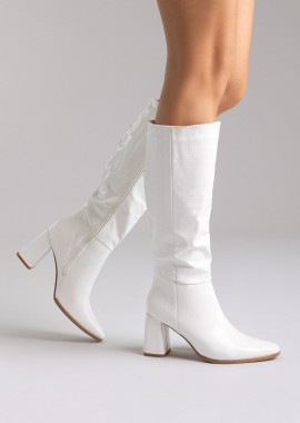 Ideal shoes - Ideal shoes Pointed Toe Boots Block Heel - 6375A - White Croc