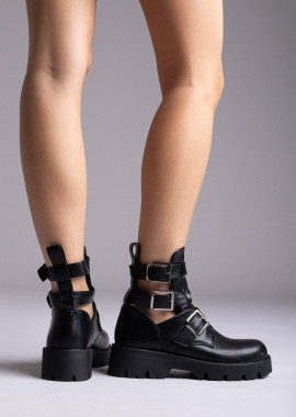 Ideal shoes - Ideal shoes Biker μποτάκια με κοψίματα - 7631A-2 - Μαύρο Ματ
