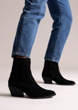 Ideal shoes - Ideal shoes Cowboy Ankle Boots Genuine Leather - 6350 - Black Suede