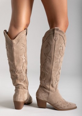 Ideal shoes - Ideal shoes Cowboy Μπότες με τετράγωνο τακούνι - 7687A - Taupe Σουέτ