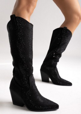 Stephan - Stephan Crystal Cowboy Boots - C-295 - Black Suede