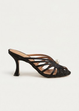 IRIS - IRIS Mules με λουράκι Πέρλα και λεπτό τακούνι - ZARIN - Black Satin