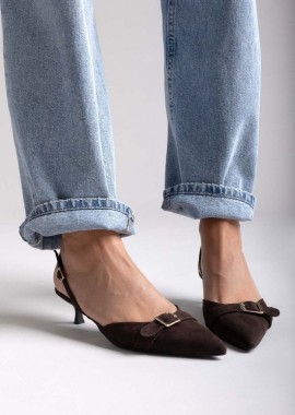 TFP - TFP Γόβες Μυτερές Slingback με Kitten Heel - 351 - Καφέ Σουέτ