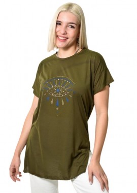 First Woman - Μπλούζα μονόχρωμη με ανοίγματα και στάμπα Χακί 23689