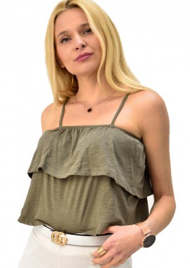 First Woman - Τοπ μονόχρωμο με βολάν Χακί 5367