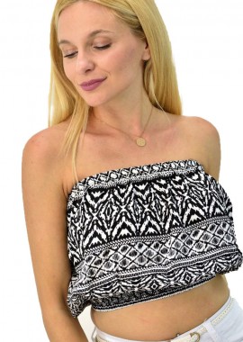 First Woman - Γυναικέιο τοπ στράπλες εμπριμέ Μαύρο 7769