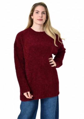 Potre OR - Oversized Πλεκτή Μπλούζα με Στρογγυλή Λαιμόκοψη & Ριμπ Λεπτομέρειες Μπορντώ 27306