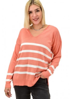 Potre OR - Πλεκτή μπλούζα ριγέ oversized Σομόν 18267