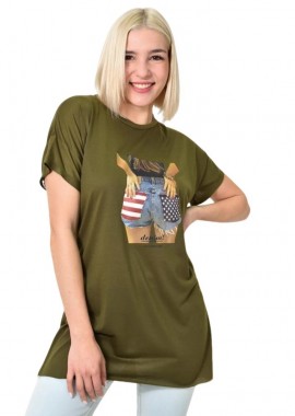 First Woman - Μπλούζα μονόχρωμη με ανοίγματα και στάμπα Χακί 23711