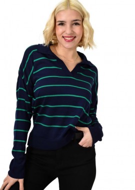 Potre OR - Πλεκτή ριγέ μπλούζα πόλο Μπλε Σκούρο 23076