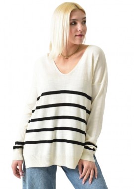 Potre OR - Πλεκτή μπλούζα ριγέ oversized Εκρού 26230