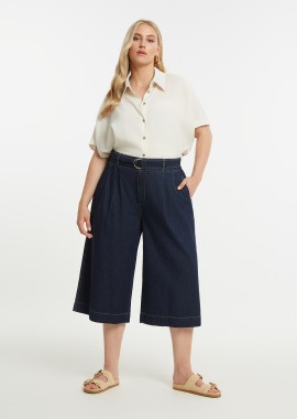 MAT FASHION - Βαμβακερή denim cropped παντελόνα με ζώνη στη μέση