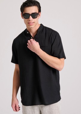 FUNKY BUDDHA - Relaxed fit linen blend κοντομάνικη πουκαμίσα με λαιμό mao