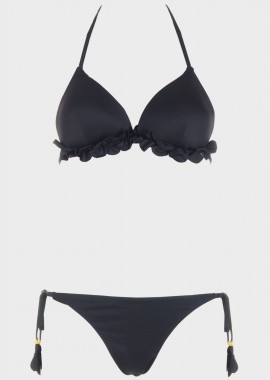 gsecret - Set bikini τριγωνάκι μονόχρωμο με βολάν. Καλύπτει C Cup. ΜΑΥΡΟ
