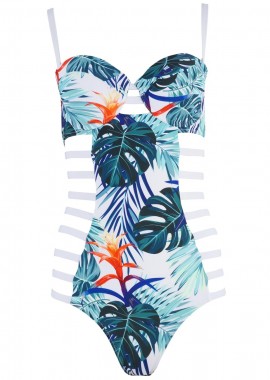 gsecret - Ολόσωμο μαγιό cut-out πλαϊνο print-floral. Καλύπτει B & C cup ΛΕΥΚΟ