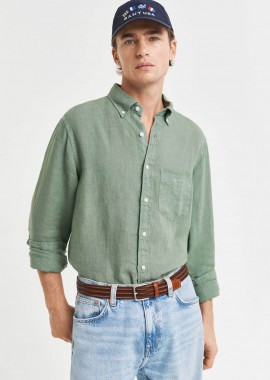 GANT - Gant ανδρικό λινό πουκάμισο button down με τσέπη και κεντημένο λογότυπο Regular Fit - 3240120 Πράσινο Ανοιχτό