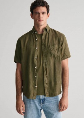 GANT - Gant ανδρικό λινό πουκάμισο button down με τσέπη και λογότυπο Regular Fit - 3240121 Χακί