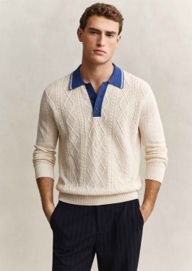 GANT - Gant ανδρική πλεκτή μπλούζα πόλο με cable knit pattern και μετάξι Regular Fit - 8050300 Εκρού