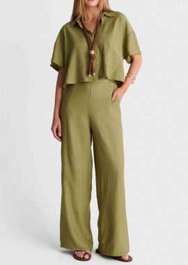 'ALE - 'ALE γυναικεία παντελόνα μονόχρωμη Loose Fit - 8923635 Λαδί