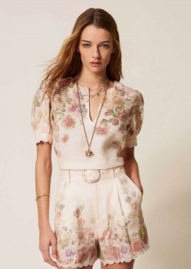 TWINSET - Twinset γυναικείο σορτς λινό με floral σχέδιο - 261TT2572 Ροζ