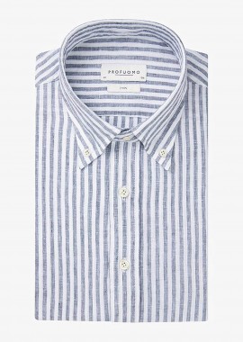 PROFUOMO - Profuomo ανδρικό λινό πουκάμισο button down με ριγέ σχέδιο Slim Fit - PPWH10022B Σκούρο Μπλε