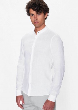 CALVIN KLEIN - Calvin Klein ανδρικό λινό πουκάμισο μάο με κεντημένο monogram Slim Fit - K10K109511 Λευκό