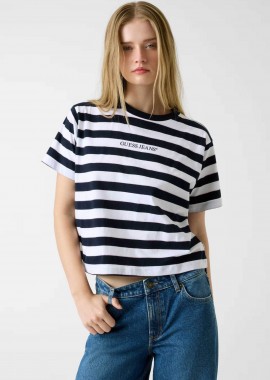 GUESS - Guess γυναικείο T-shirt ριγέ με λογότυπο Regular Fit - W6RI19K8HM0 Μπλε Σκούρο