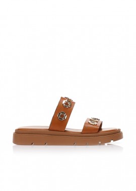 Tsoukalas - Σανδάλια TSOUKALAS flatforms με χρυσές λεπτομέρειες ΚΑΜΕΛ